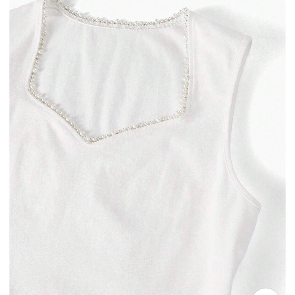 Pearl trim top sleevesless tank rhinestone beaded neckline stretch white spring - Picture 7 of 11